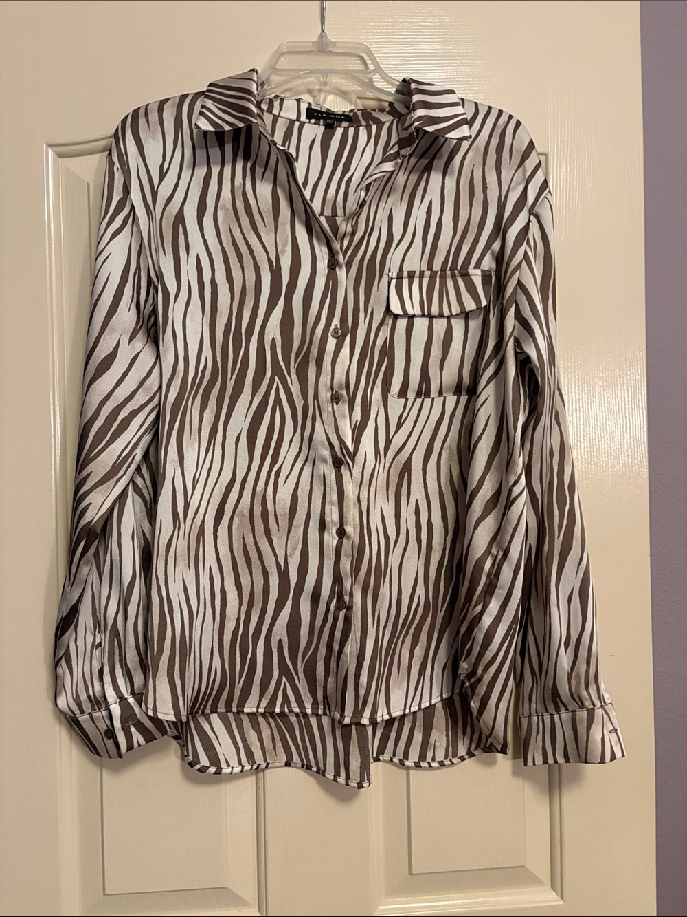 Pleione Brown and White Zebra Print Button-Up Blouse